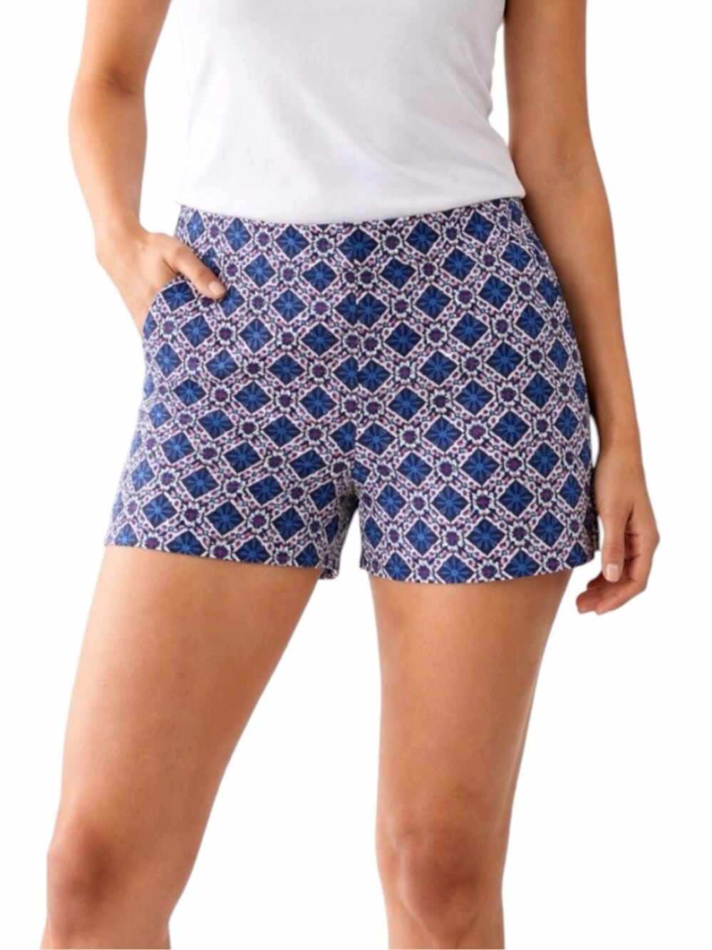 BODEN Richmond Tailored Shorts Blue White Geometric Print Cotton Stretch Size 12
